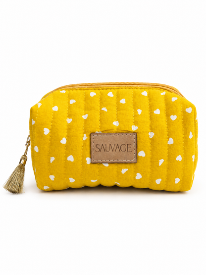 Trousse SAUVAGE jaune moutarde à petits cœurs blancs, vue de face