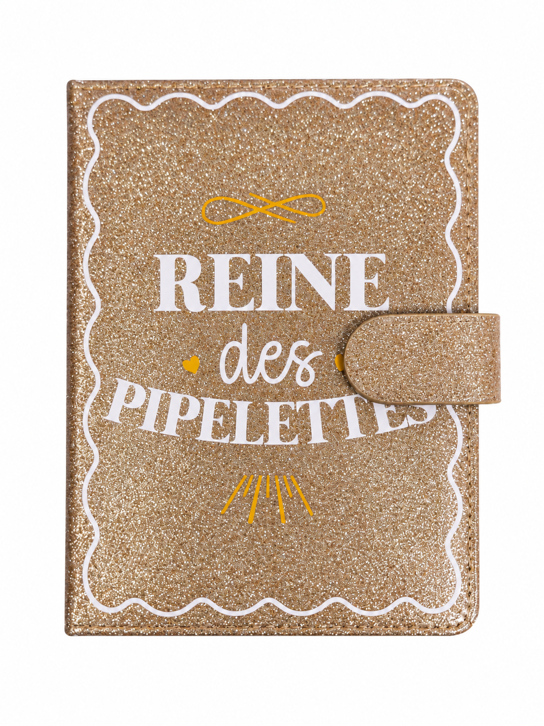 Carnet de notes Reine des pipelettes, couverture pailletée dorée avec fermeture aimantée