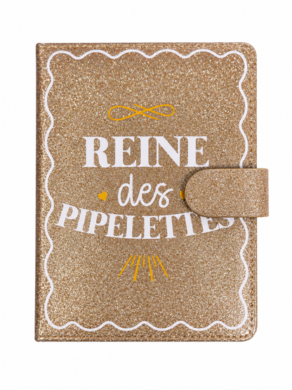 Carnet de notes Reine des pipelettes, couverture pailletée dorée avec fermeture aimantée