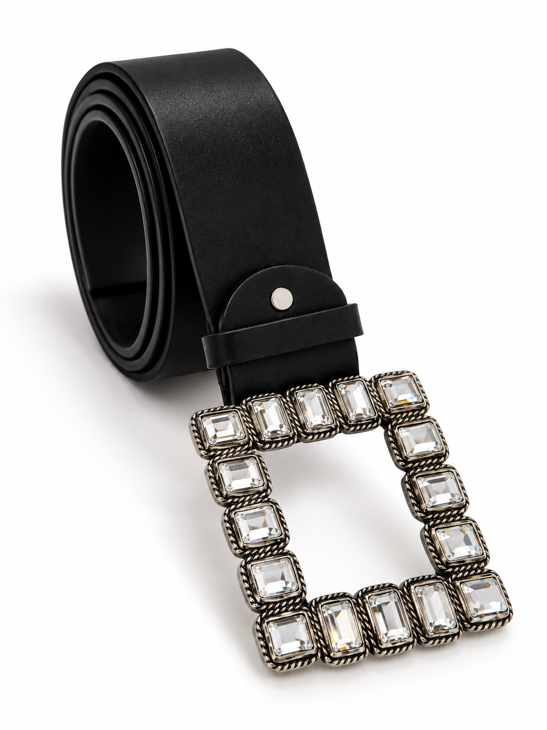 Ceinture noire simili cuir, boucle zircons vue de côté