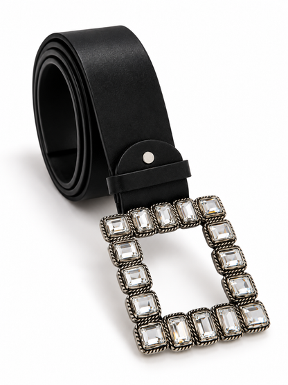 Ceinture noire simili cuir, boucle zircons vue de côté