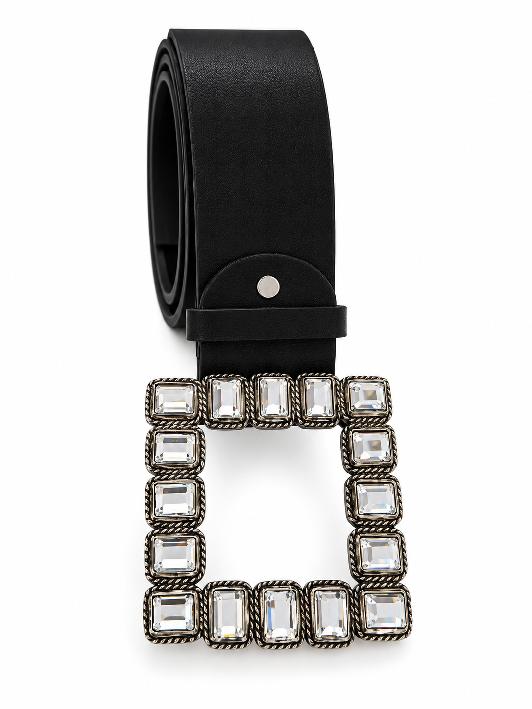 Ceinture noire avec grosse boucle carrée à zircons
