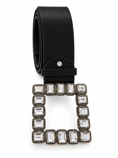 Ceinture noire avec grosse boucle carrée à zircons