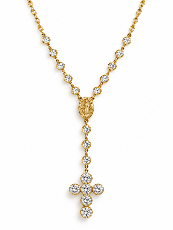 Sautoir chapelet doré MARIELLA avec croix en zircons