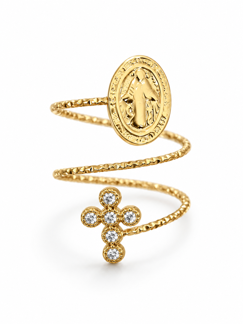 Bague spirale HEAVEN dorée, médaille et croix zircons