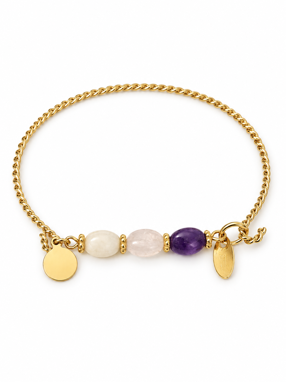 Bracelet chaîne doré pierres blanche, rose et violette en acier inoxydable