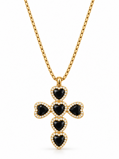 Collier croix cœurs noir acier inoxydable doré