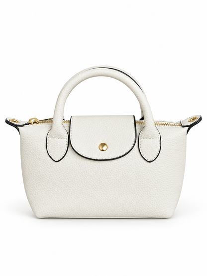 Petit sac à main blanc en simili cuir grainé, rabat à pression dorée et anses