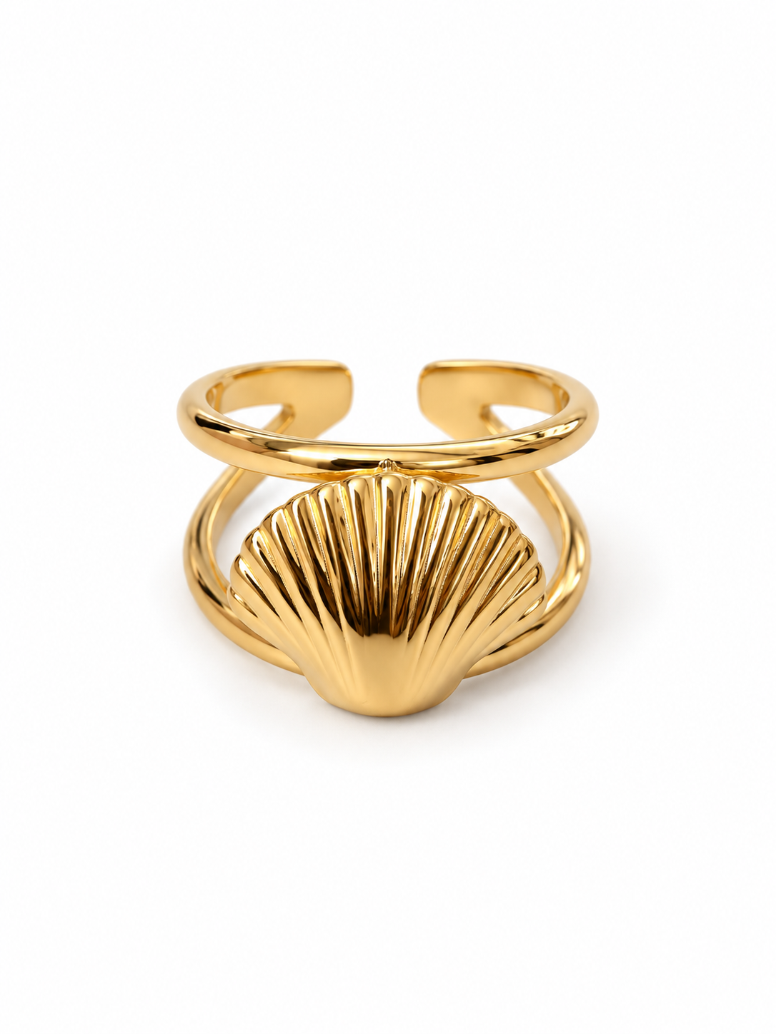 Bague dorée ajustable double anneau coquillage en acier inoxydable
