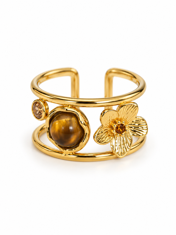 Bague JAGUAR, détail œil de tigre et fleur
