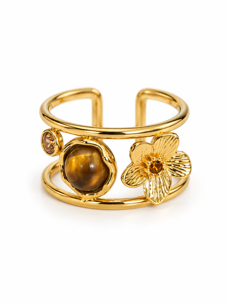 Bague JAGUAR, détail œil de tigre et fleur