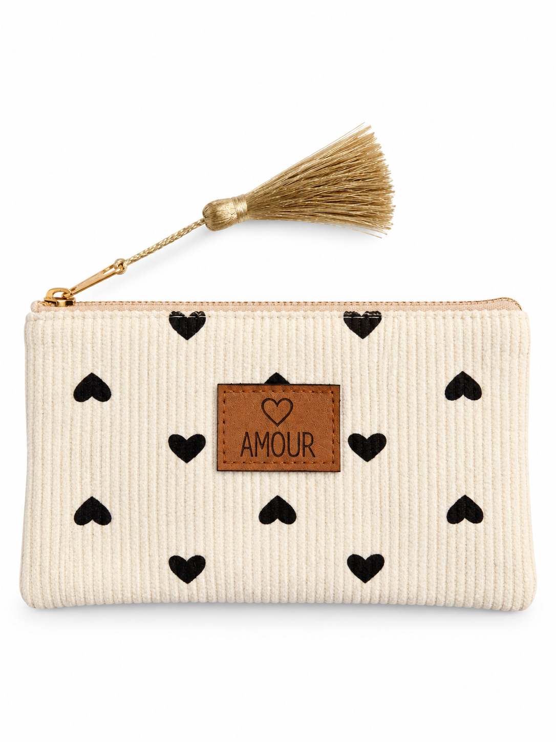 Pochette côtelée crème à cœurs noirs AMOUR avec pompon doré