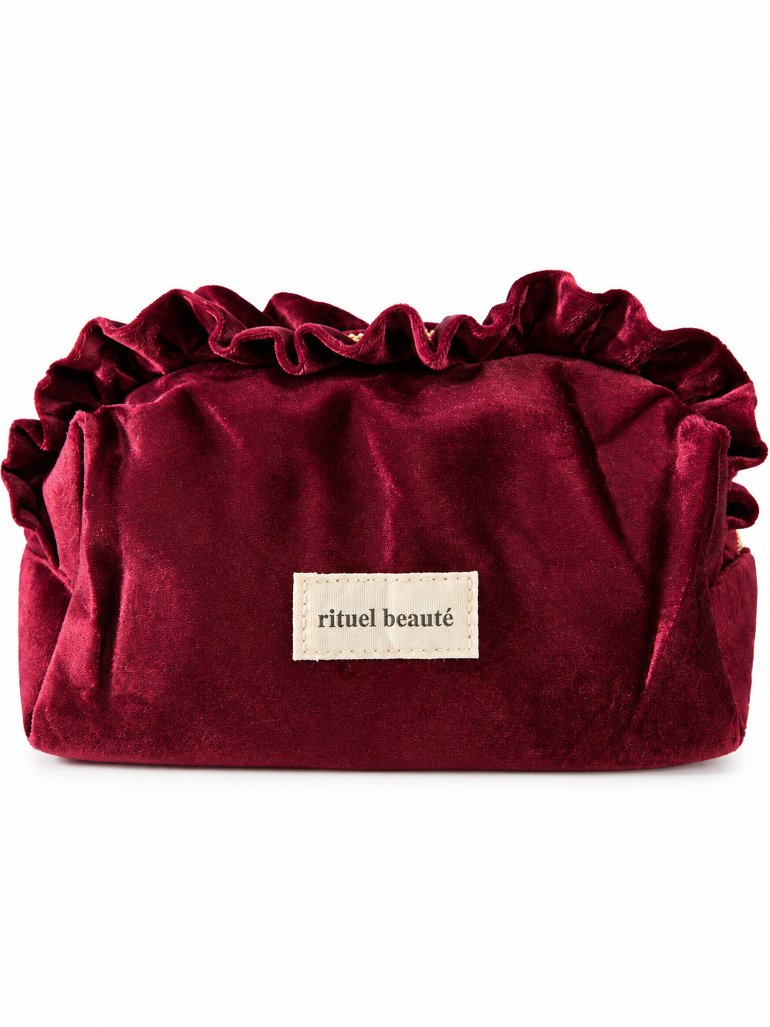 Trousse de beauté velours kaki à volants, étiquette rituel beauté