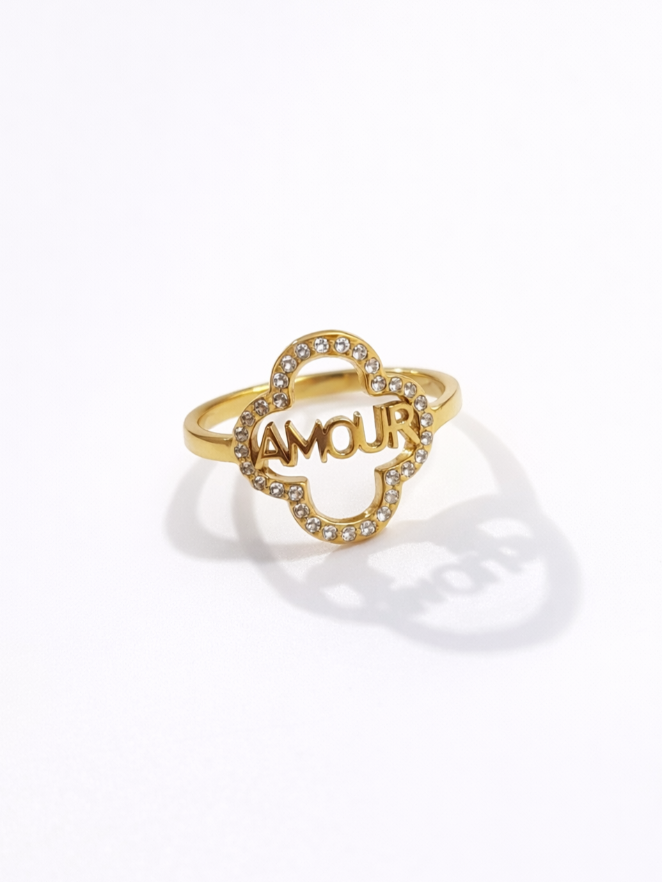 Bague AMOUR trèfle zircons - doré