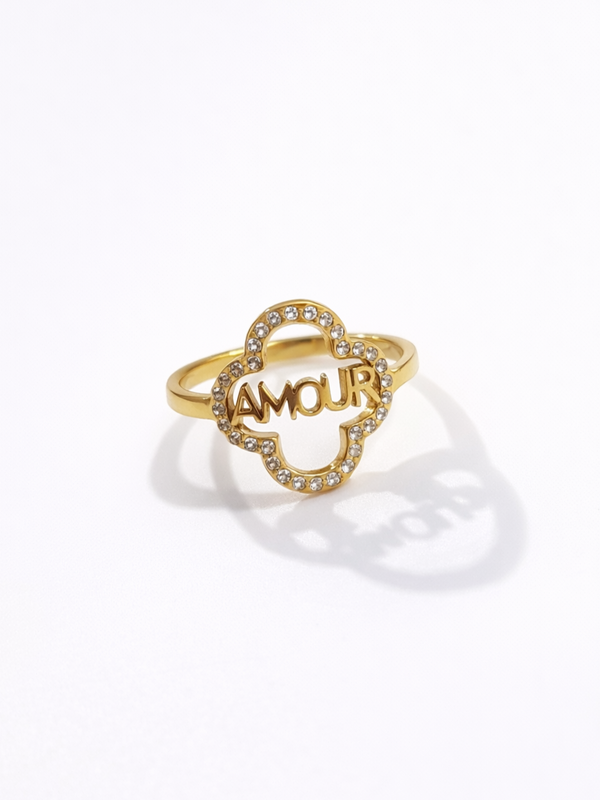 Bague AMOUR trèfle zircons - doré