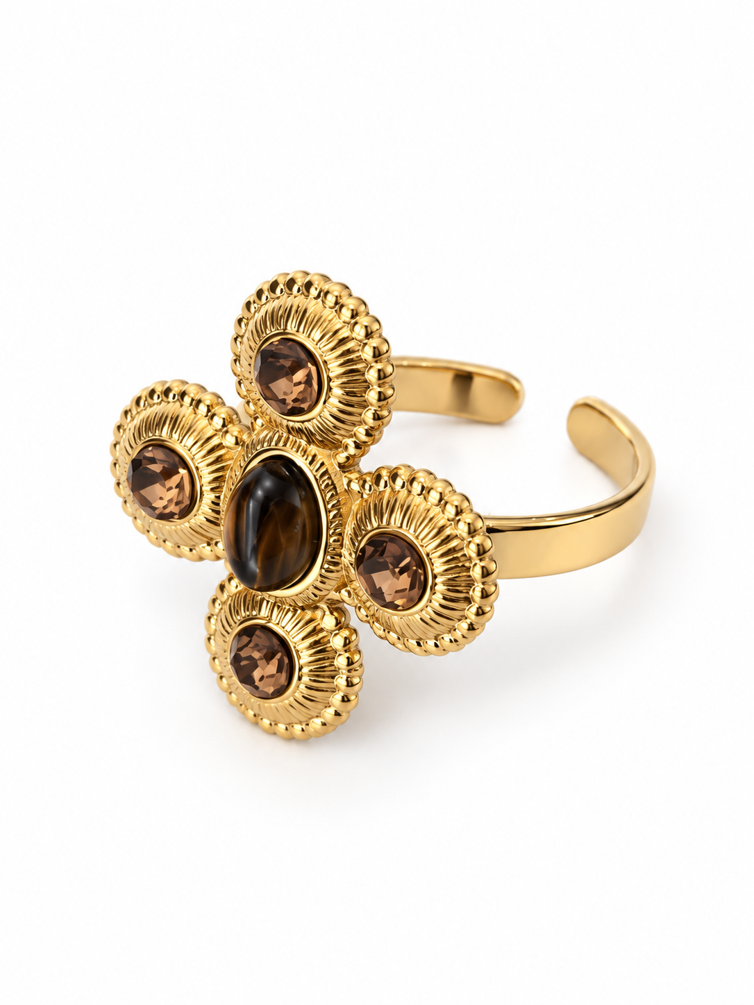 Bague KARMA dorée, fleur œil de tigre et zircons