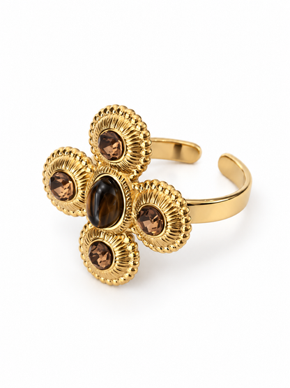 Bague KARMA dorée, fleur œil de tigre et zircons