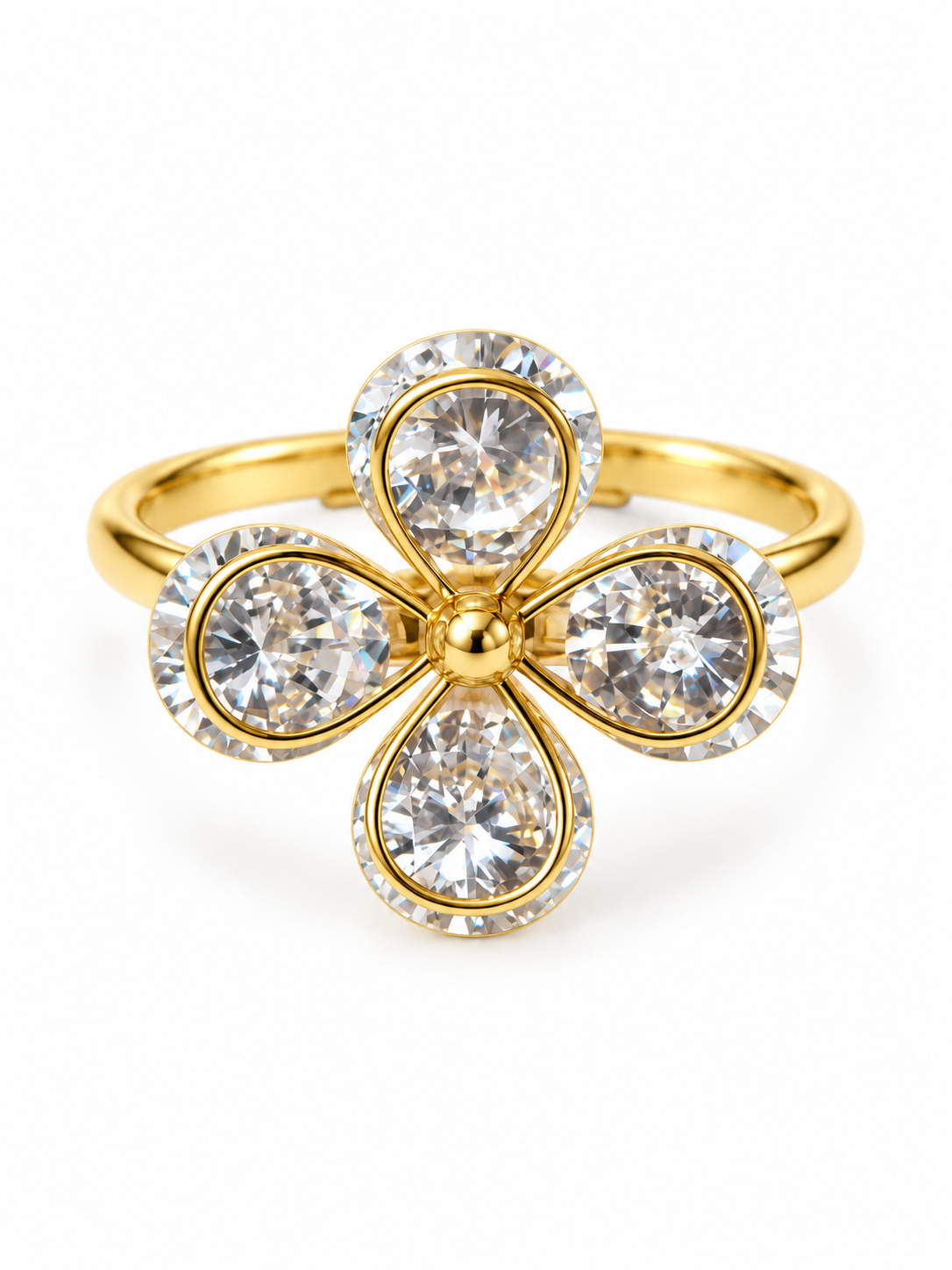 Bague ZELORIA : fleur de quatre gouttes en zircons, vue de face