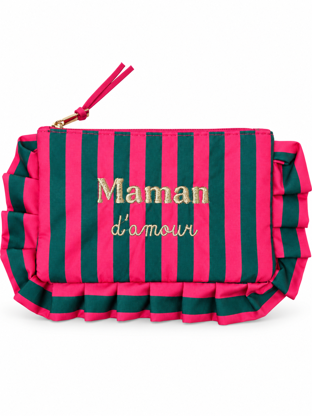 Pochette à rayures fuchsia et vert avec volants et broderie dorée Maman d'amour