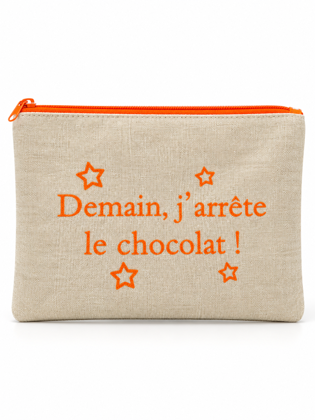 Pochette en lin message Demain, j'arrête le chocolat, broderie orange