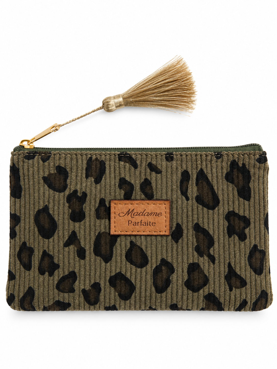 Pochette côtelée léopard kaki Madame Parfaite avec pompon doré