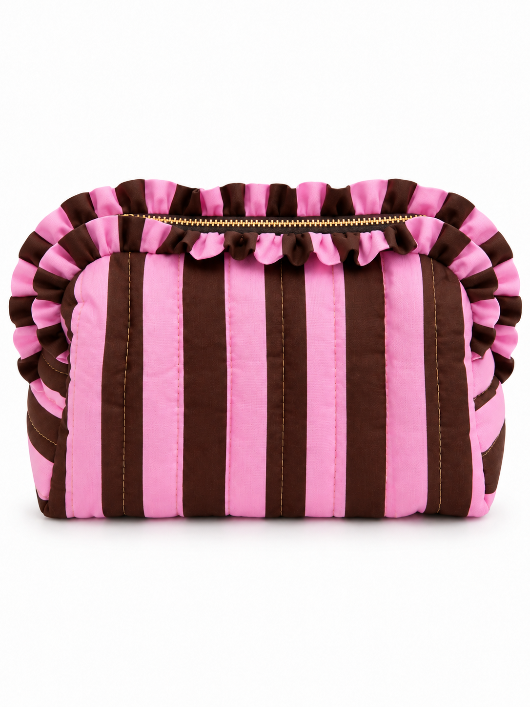 Grande trousse de toilette matelassée à rayures prune et rose avec volants