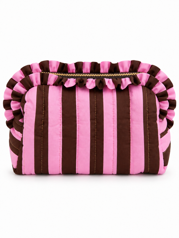 Grande trousse de toilette matelassée à rayures prune et rose avec volants