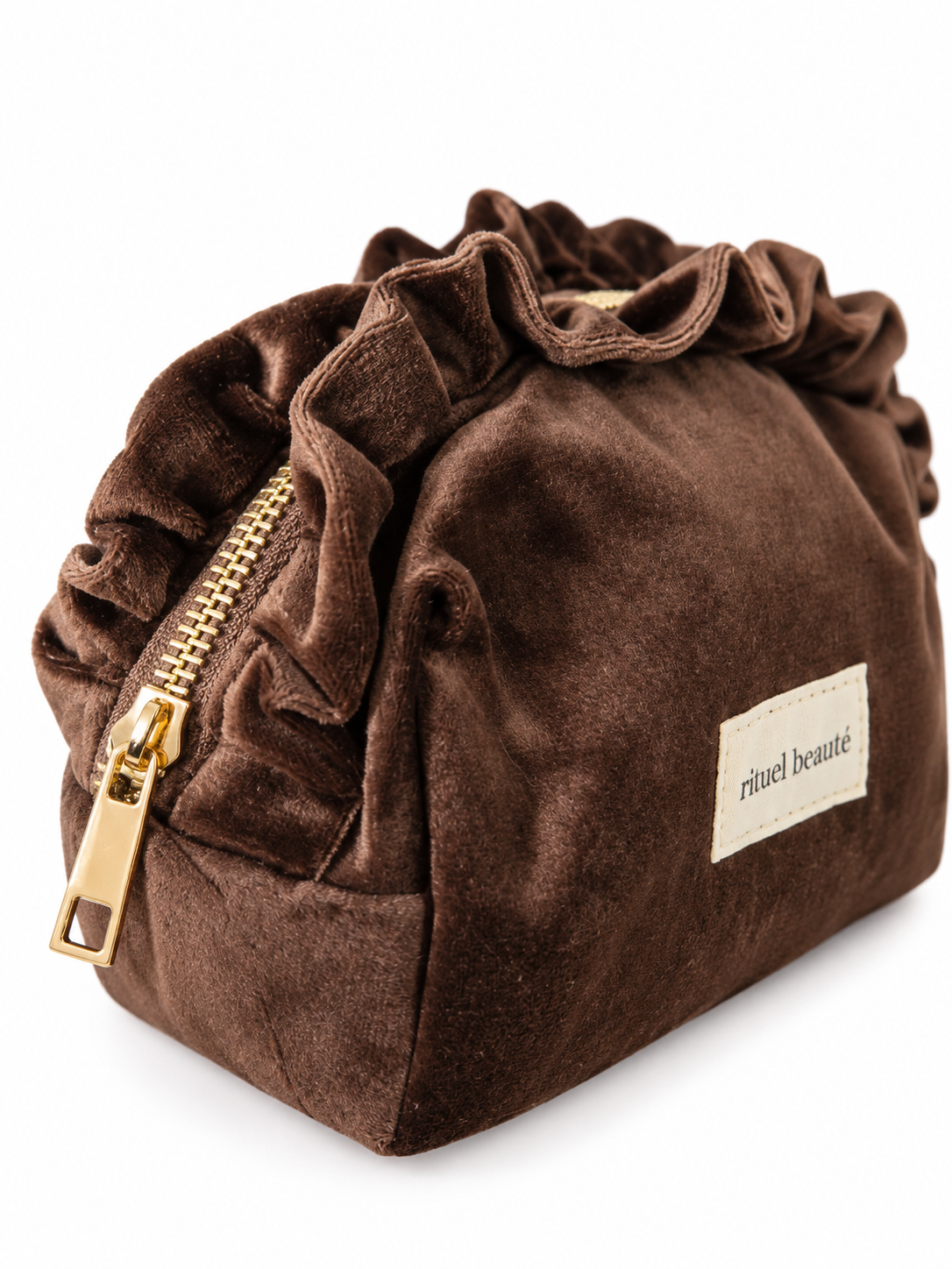 Trousse de beauté velours chocolat à volants, vue de face