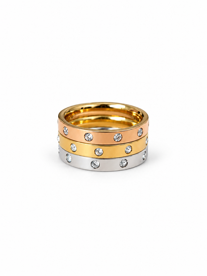 Bague 3 anneaux tricolores strass, rose, doré et argenté, en acier inoxydable