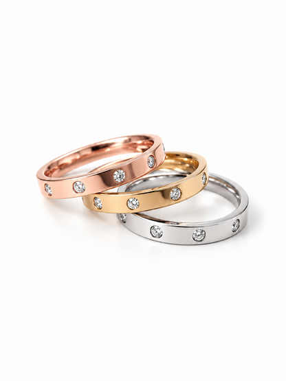 Bague 3 anneaux strass rose, doré et argenté, anneaux séparés, acier inoxydable