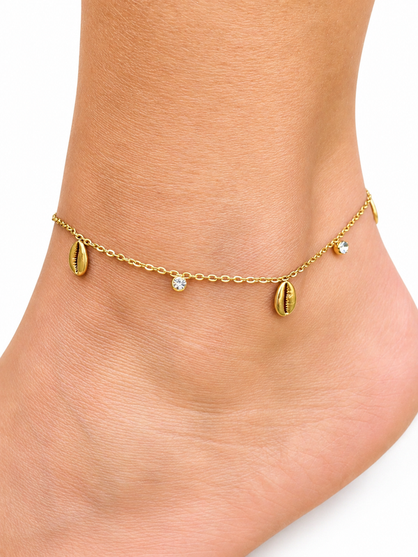 Chaîne de cheville coquillages cauris & zircons