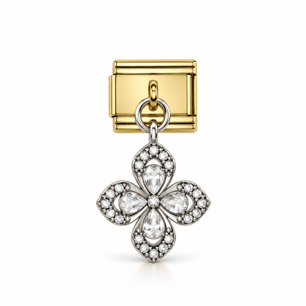 Charm italien breloque fleur stylisée argentée zircons blancs