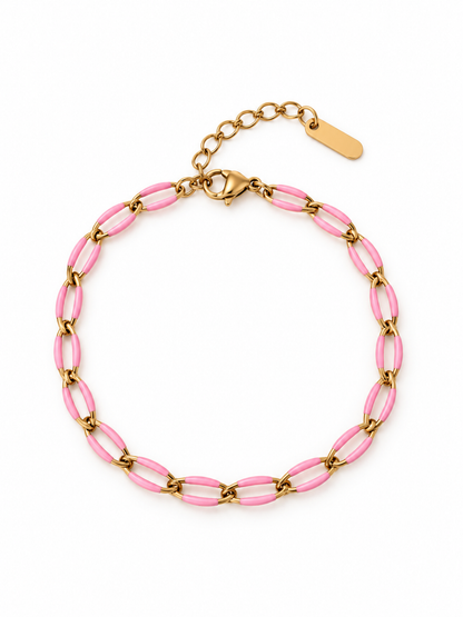 Bracelet maillons ovales émaillés rose et chaîne dorée, personnalisable avec des charms