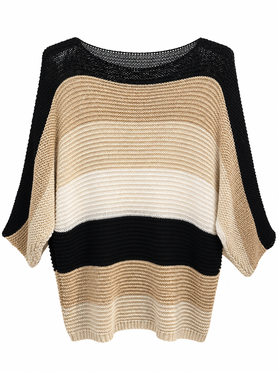Blouse en maille rayée noir, beige et blanc avec fils dorés pailletés