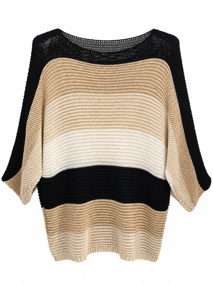 Blouse en maille rayée noir, beige et blanc avec fils dorés pailletés