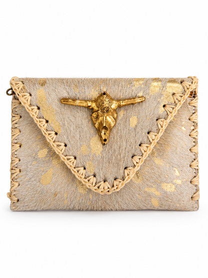 Porte-monnaie enveloppe cuir beige et or tête Buffalo
