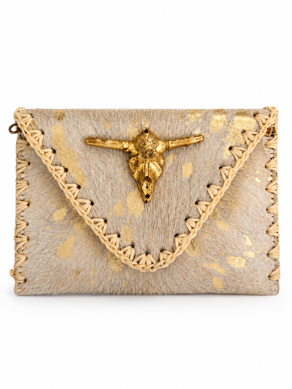Porte-monnaie enveloppe cuir beige et or tête Buffalo