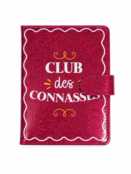 Carnet de notes Club des connasses, couverture pailletée fuchsia avec fermeture aimantée