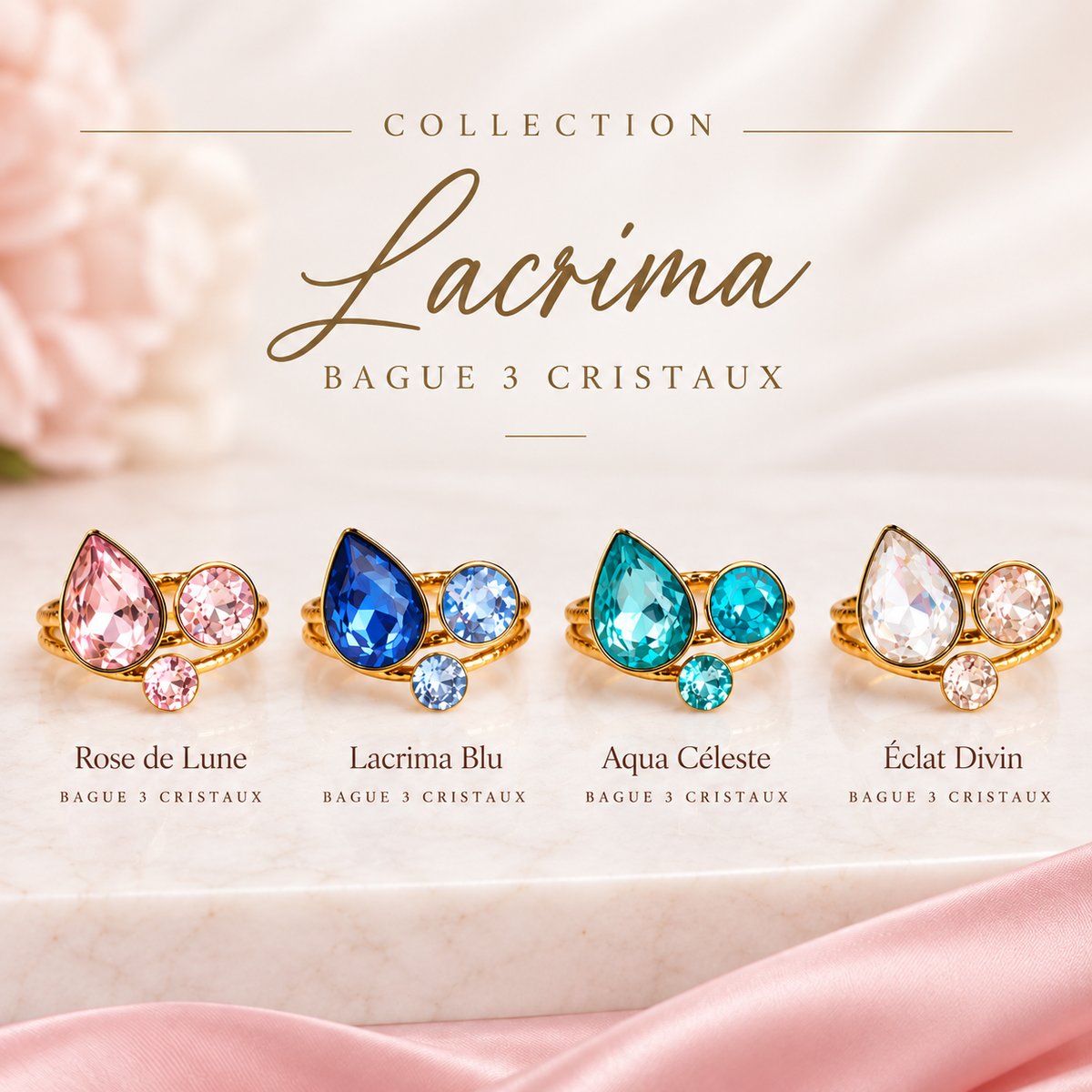 Bague 3 cristaux LACRIMA - Coloris au choix