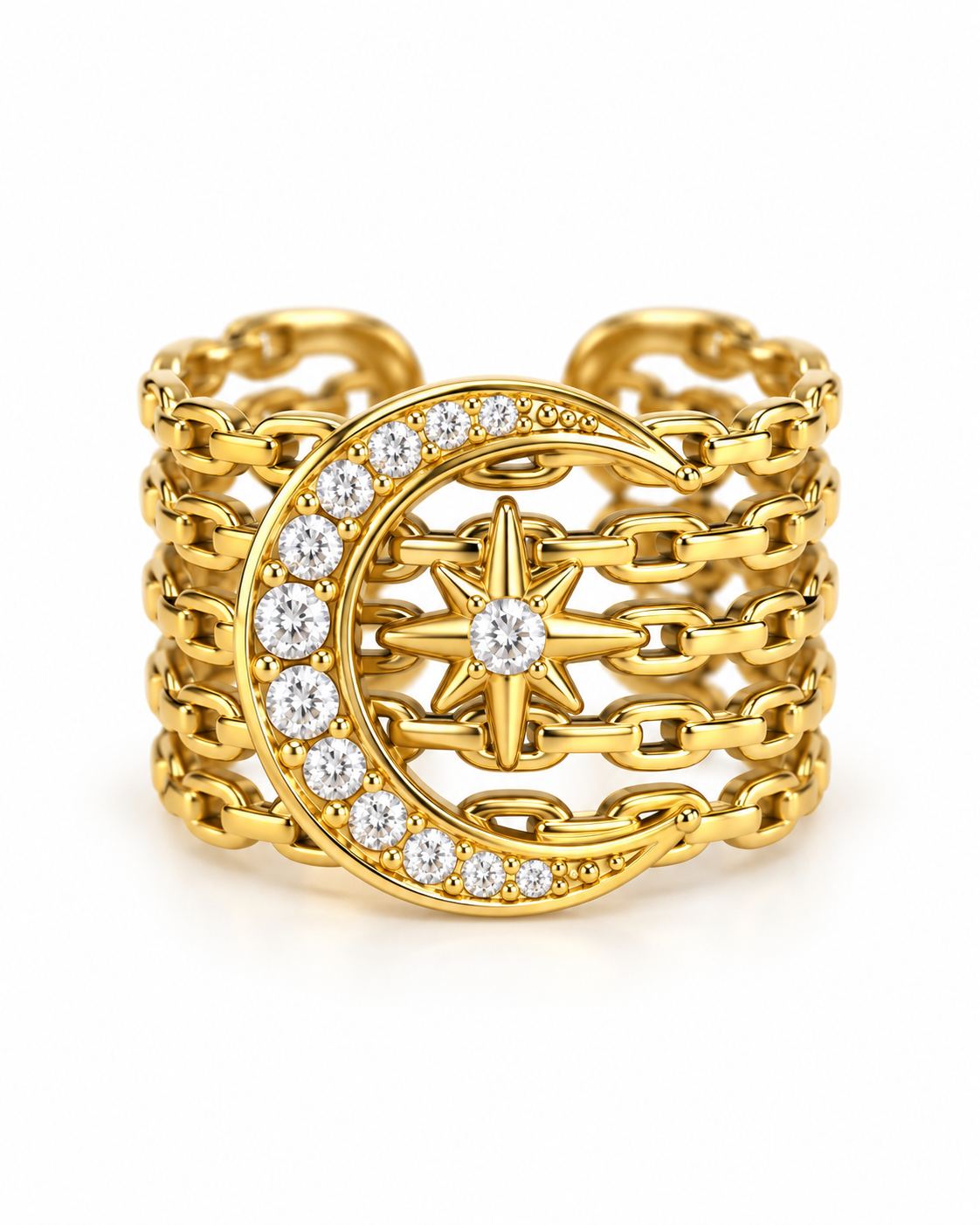 Bague Maëlys dorée lune zircons et étoile