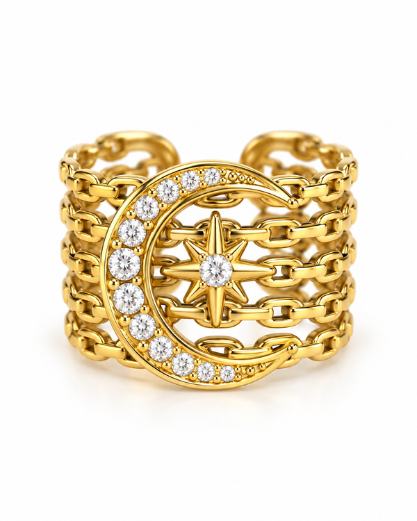 Bague Maëlys dorée lune zircons et étoile