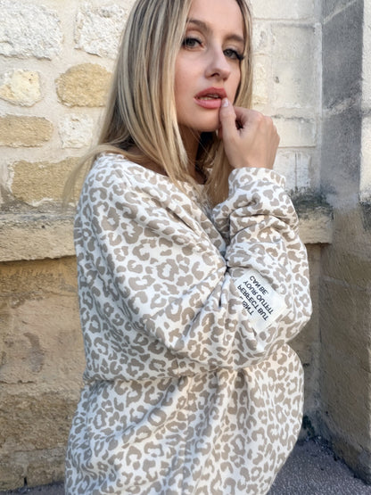 Sweat coton oversize léopard - beige