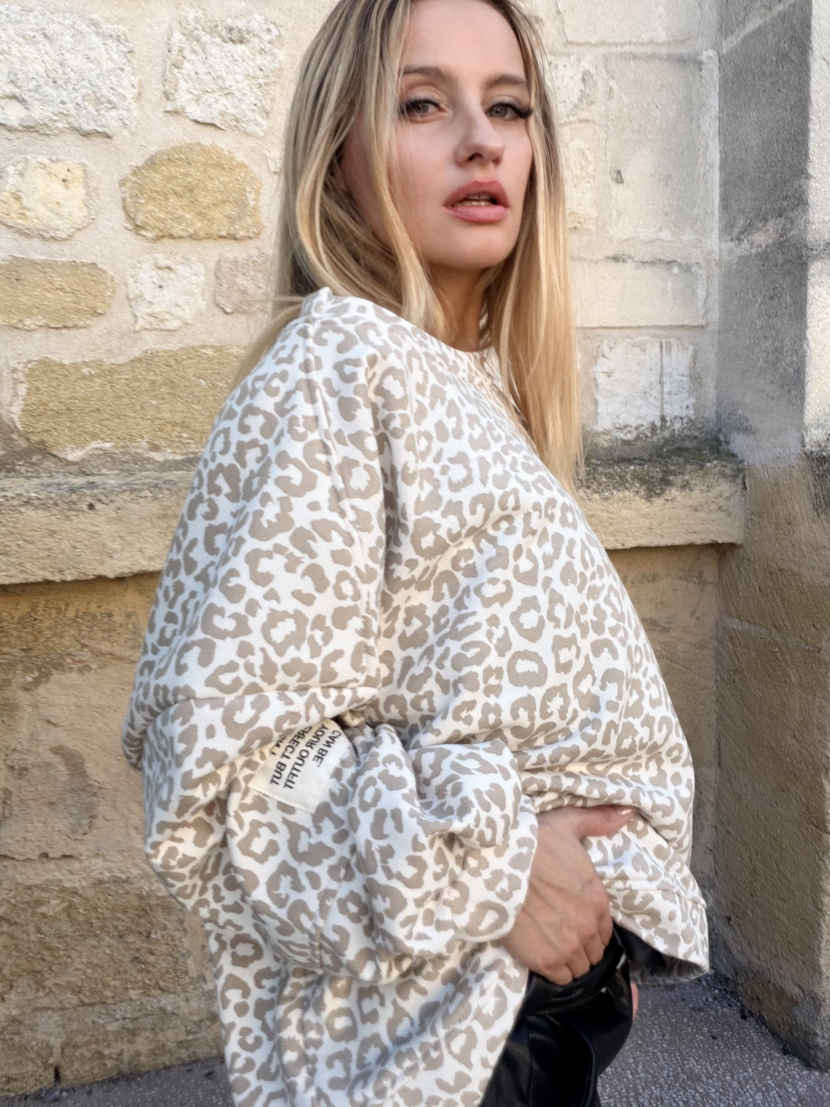 Sweat coton oversize léopard - beige