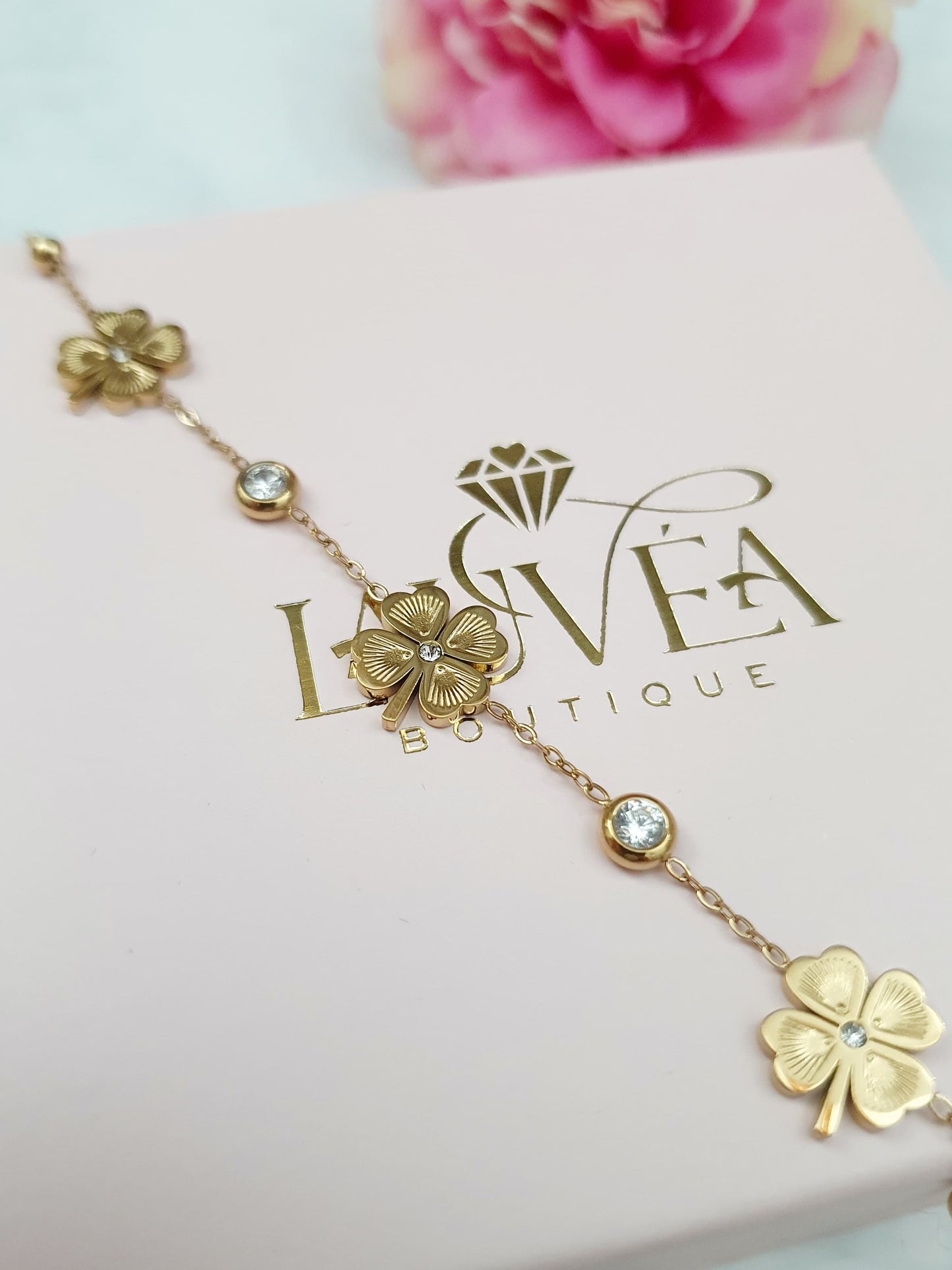 Bracelet petits trèfles à tiges et zircons - doré