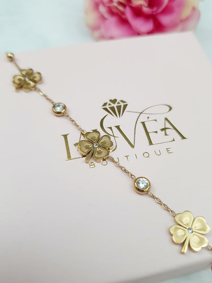 Bracelet petits trèfles à tiges et zircons - doré