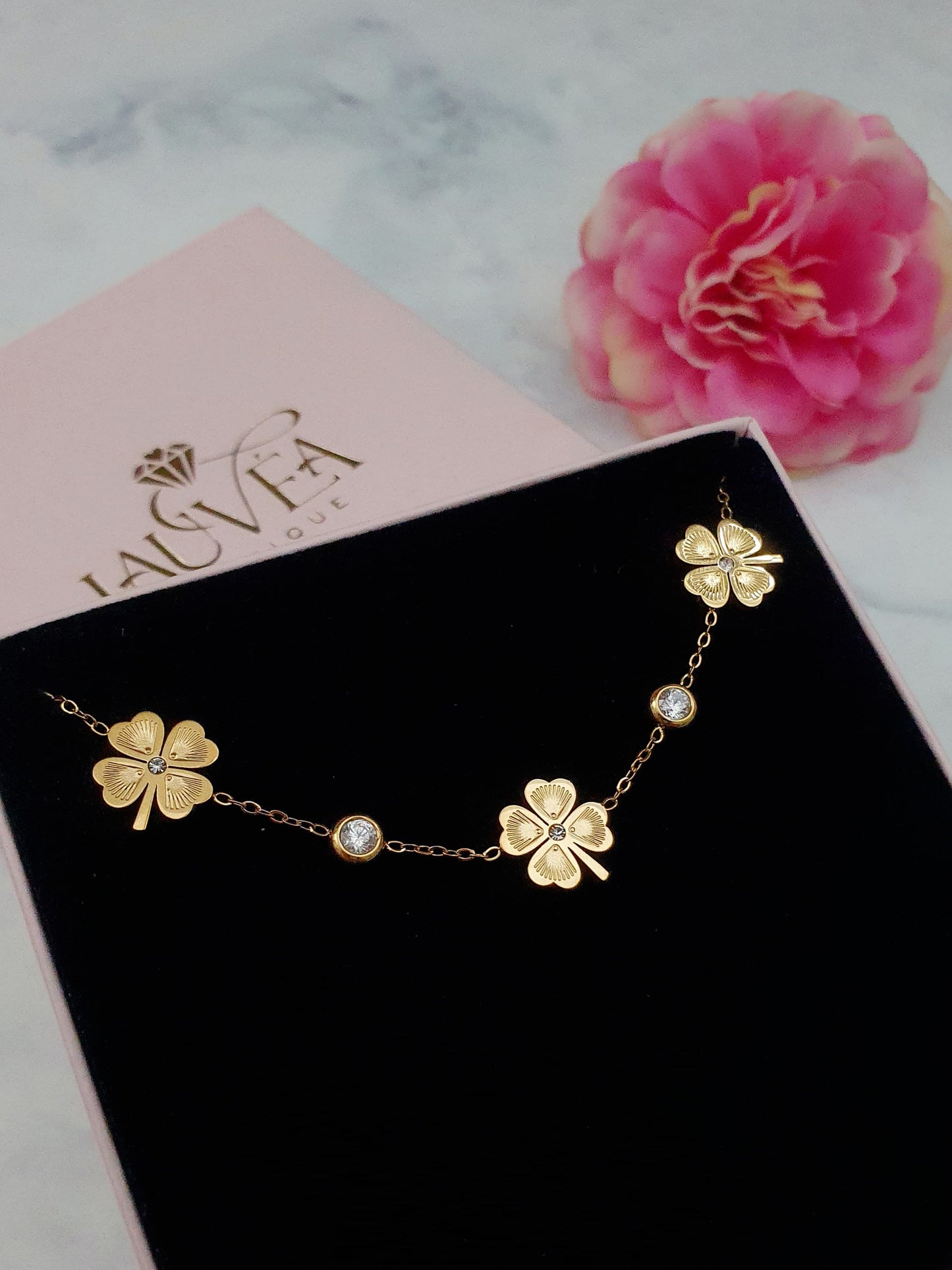 Bracelet petits trèfles à tiges et zircons - doré