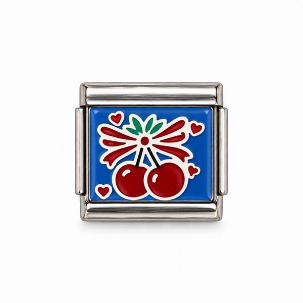 Charm italien Cerises fond bleu - argenté