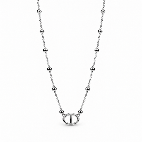 Collier petites perles breloque maille marine - argenté