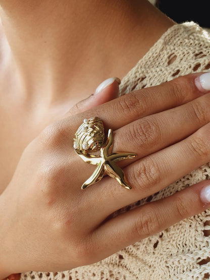 Bague étoile de mer et coquillage perlé - doré