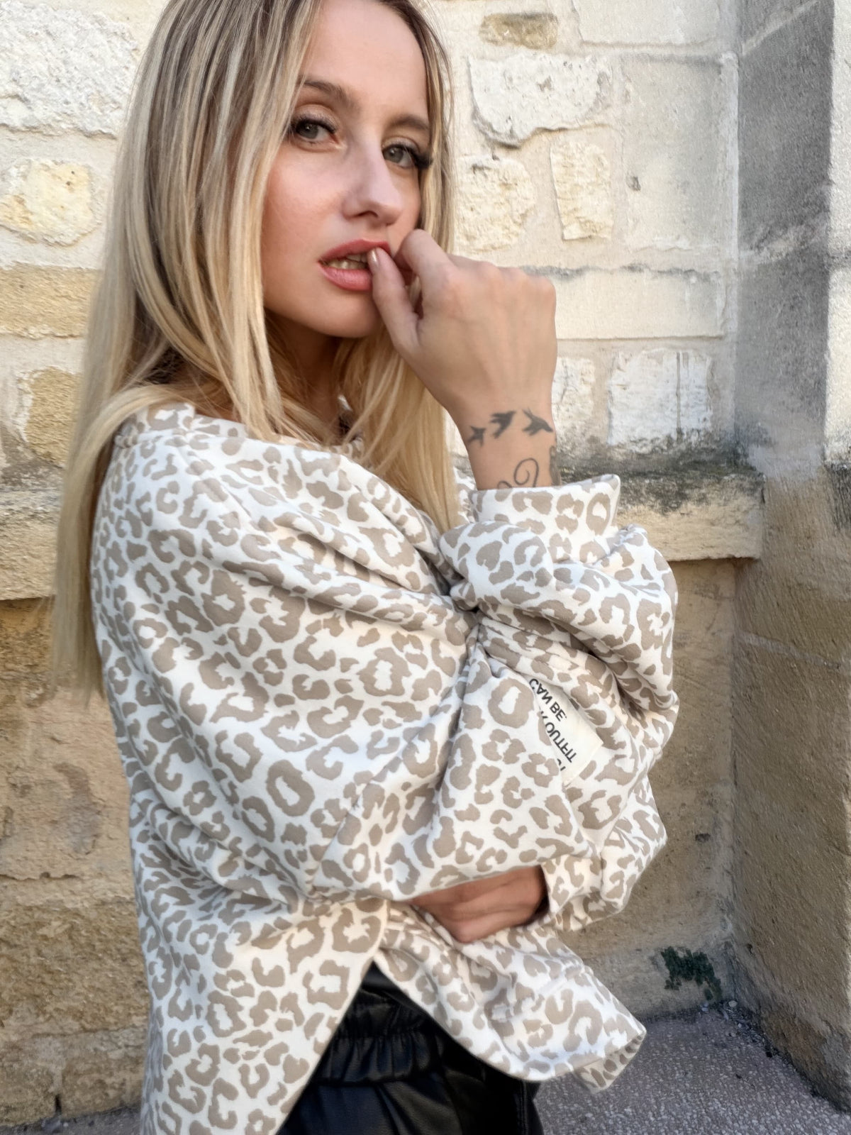 Sweat coton oversize léopard - beige